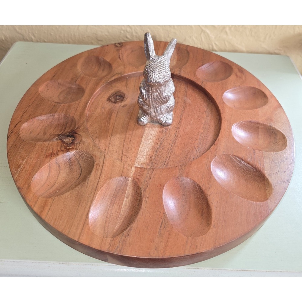 Deviled Egg Tray Wood With 12 Spaces And Central Metal Rabbit Figure‎ Handle